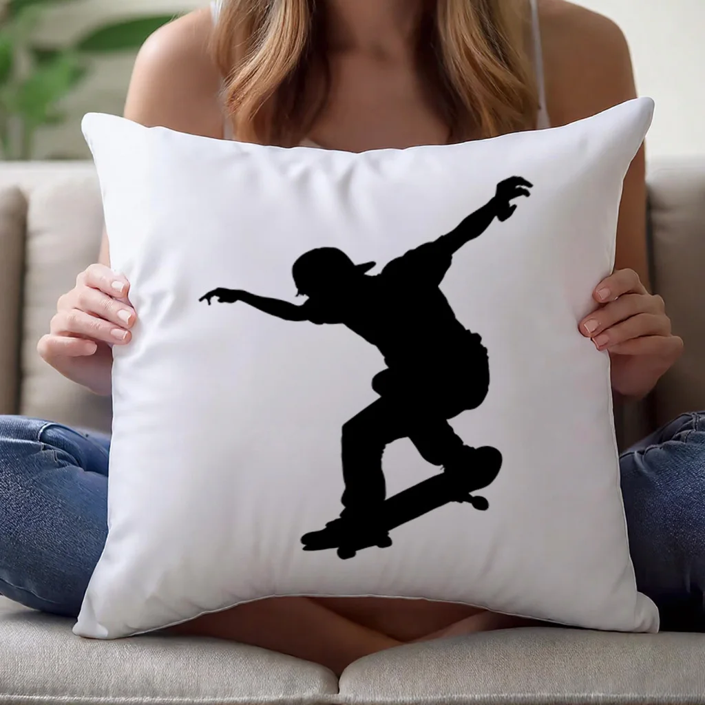 Cool Skateboarder Silhouette Pillow Case, Extreme Sports Teen Boy Room Decor Cushion Cover, Skater Gift Throw Pillow Slipcover