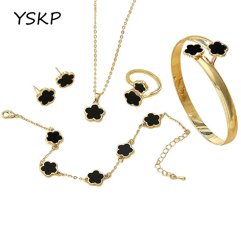 

YSKP Luxury Stainless Steel Lucky Flower Necklace Earrings Bangle Bracelet Ring for Women High Quality Waterproof Jewelry