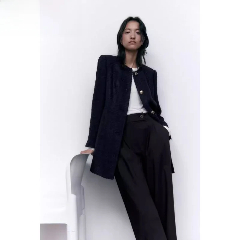 

Autumn Winter Loose Texture Long Suit Jaet Women's Faion Versatile Outerwear Sweet Sle round Ne Single Button Closure