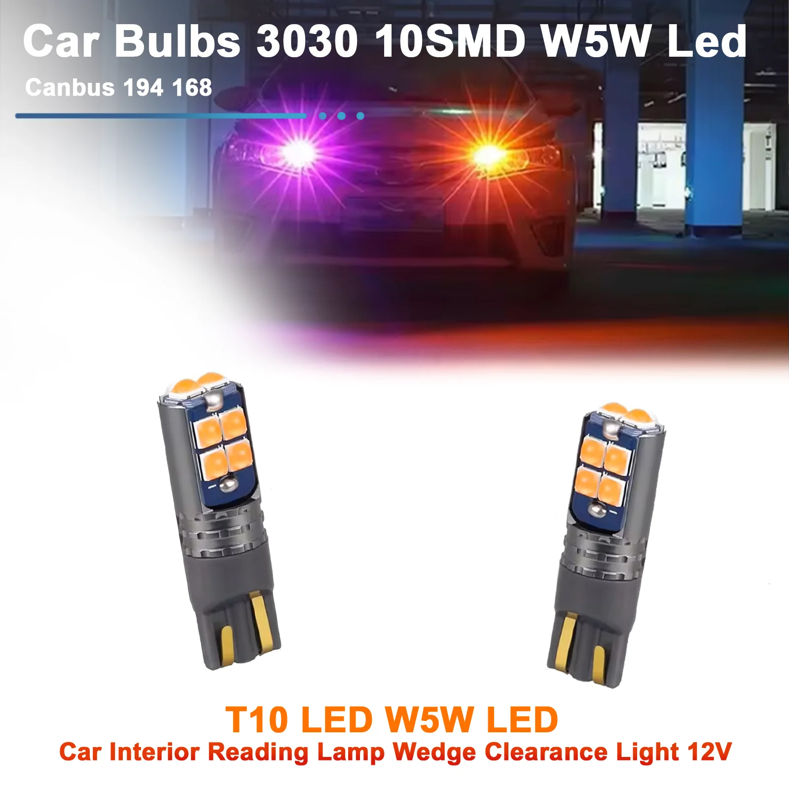 50PCS T10 LED W5W LED Car Bulbs 3030 10SMD W5W Led Canbus 194 168 Car Interior Reading Lamp Wedge Clearance Light 12V