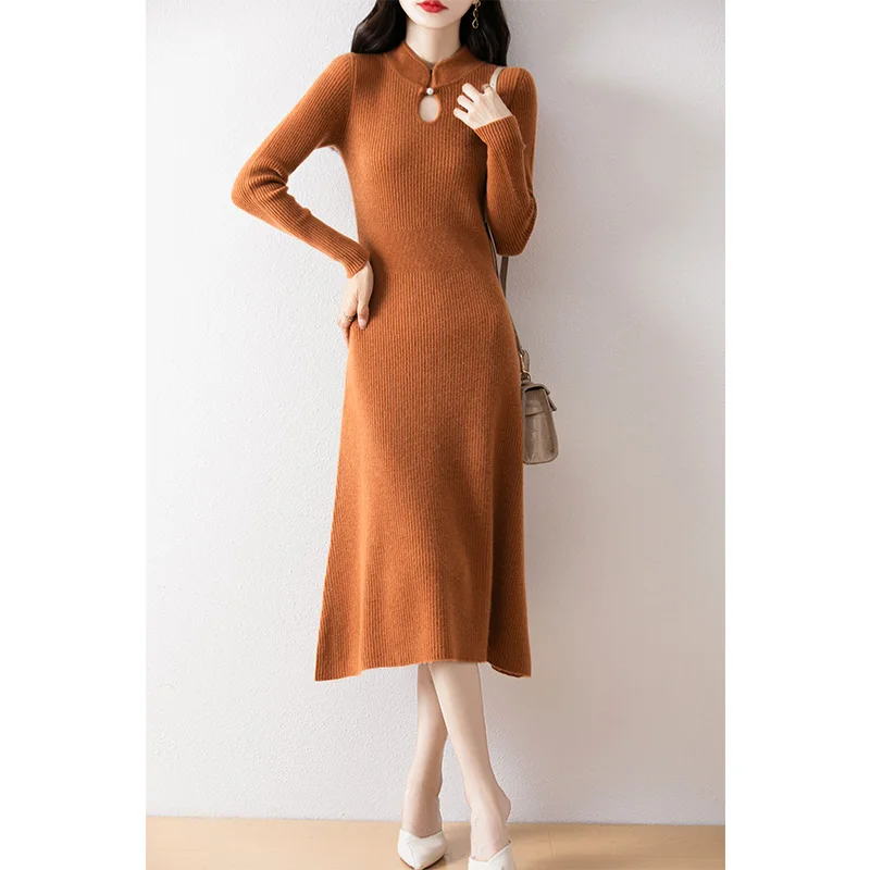 Chinese Style 100% Australian Wool Dresses 2024 Autumn/Winter Cashmere Knitted Jumpers Long Dresses Female Long Sleeve Sweaters