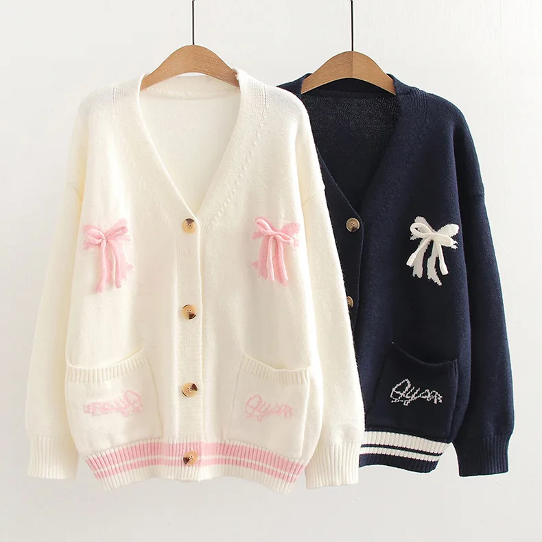 

Японский сладкий вязаный свитер с бантом для девочек Mori, кардиган, женский осенний однобортный повседневный свободный трикотаж с v-образным вырезом, верхняя одежда, пальто