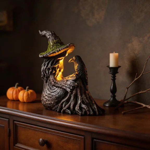Halloween Light Up Witch and Crow Figurine Gothic Witch Decor Resin Tabletop Ornament Spooky Halloween Home Party Decoration