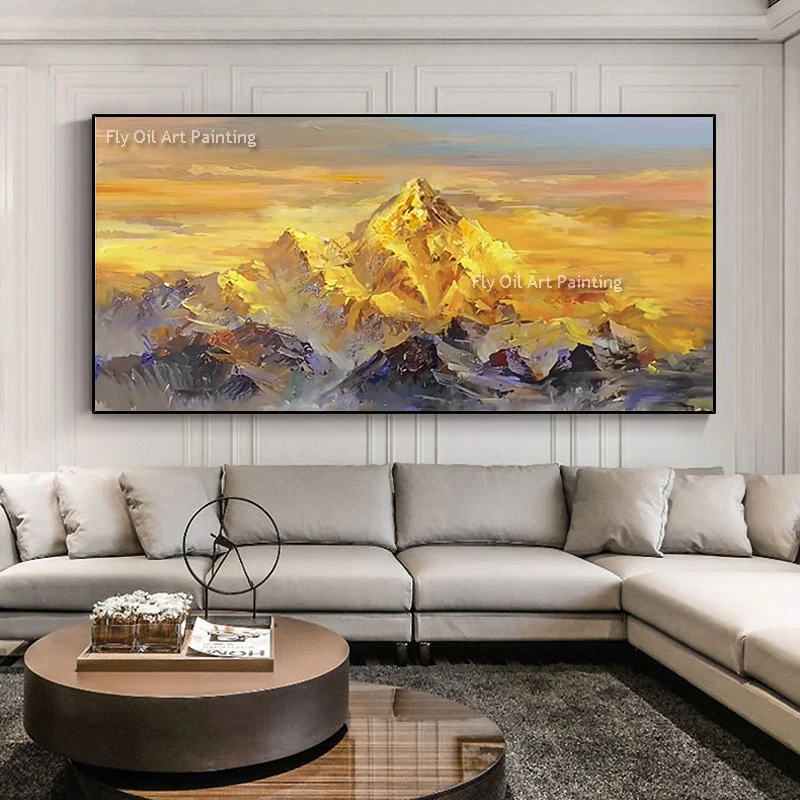 Simple Design Handpainted Yellow Art Lake And Mountains Oil Painting Abstract Orange Yellow Landscape Canvas Artwork For Decor