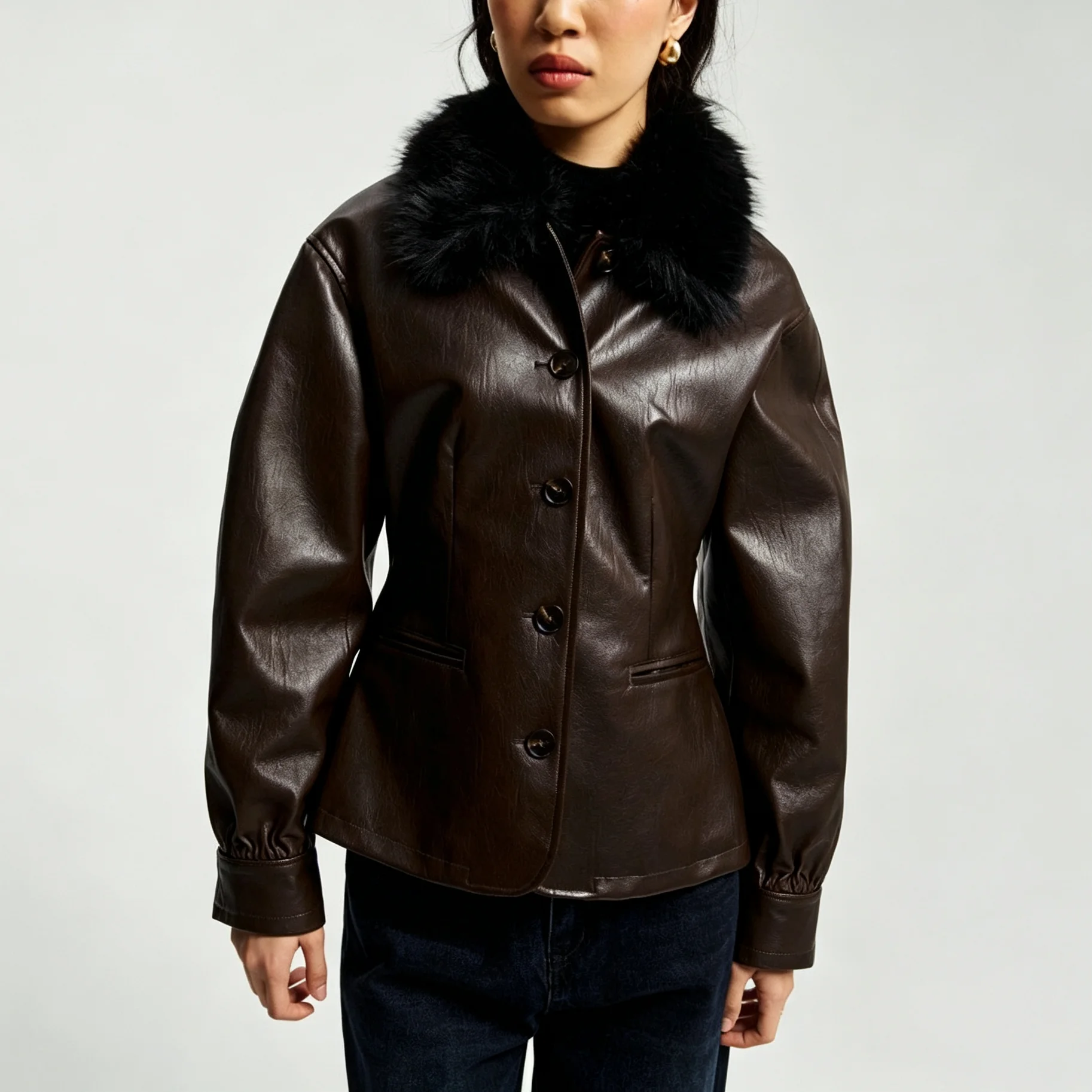 RU 2026 Women Faux Leather Short Jacket Detachable Faux Fur Collar Single Breasted Warm Retro Ladies Casual Outerwear