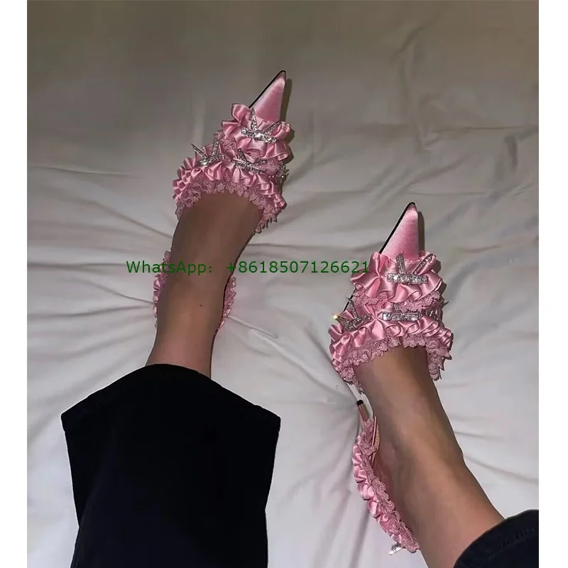 Pink Pointed Toe Satin Rhinestone Back Strap Slingback Pumps Lace Stiletto Sweet Cute Sexy Ladies High Heels