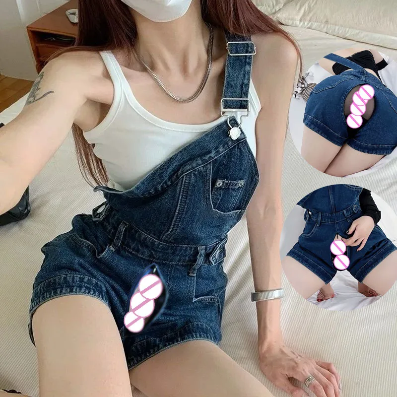 

Open Crotch Outdoor Sex Pants Boyfriend Jeans One-Shoulder Jumpsuits Short Women's Summer Denim Rompers Baggy Wide-Leg Shorts