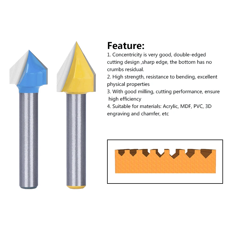 Xcan v groove bit 60/90 graus 1/4 shank com 1/2 diâmetro carboneto fresa de madeira, carpintaria roteador bit