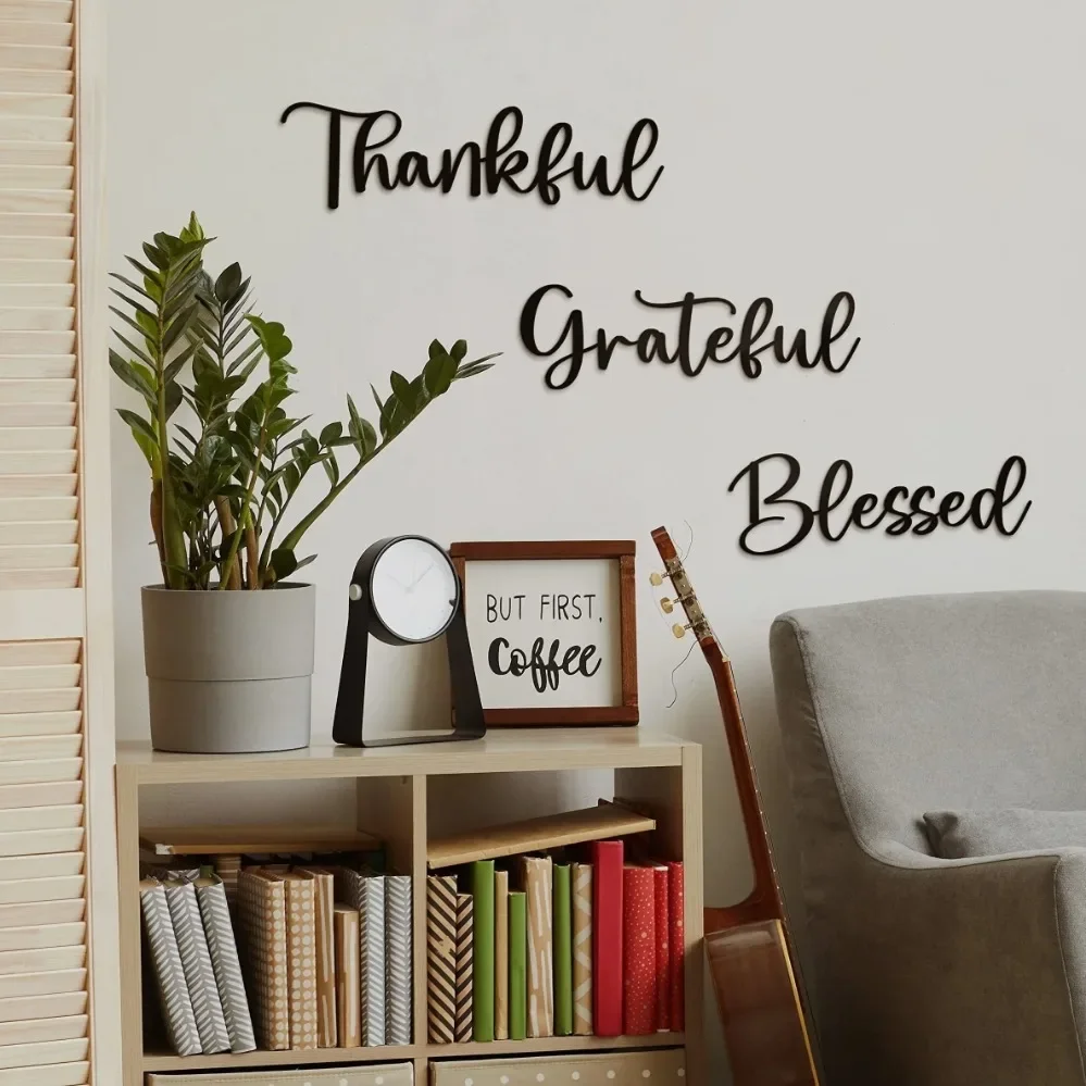 

Black Thankful Grateful Blessed Sign Set | 3-Piece Metal Wall Hanging Decor for Home