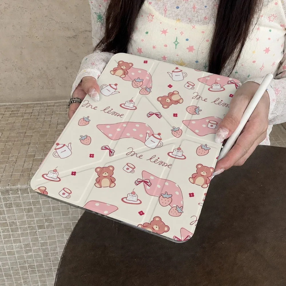 Cartoon Bear Strawberry Teapot Pen Slot Tablet Case For iPad 2026 Air 8 7 6 4 3 2 1 Pro 2024 11in 12th 11 10 9 8 7 6 5th Cover