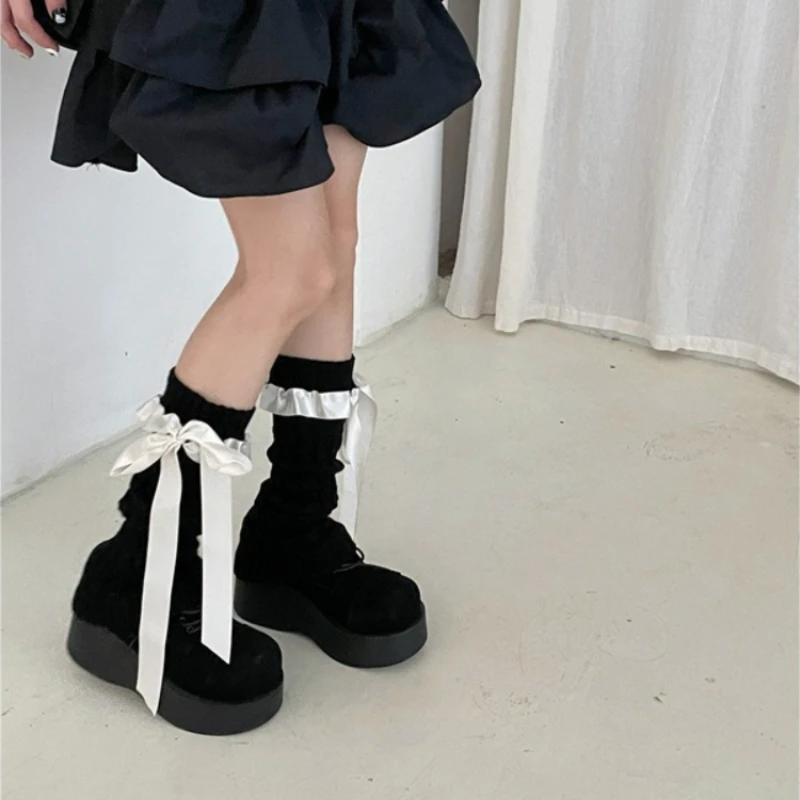 Girl's Ribbon Bow Socks Stacked Easiest for Match Subculture Cable Stitch Leg Warmers White White Ribbon One Size Fits All Khaki