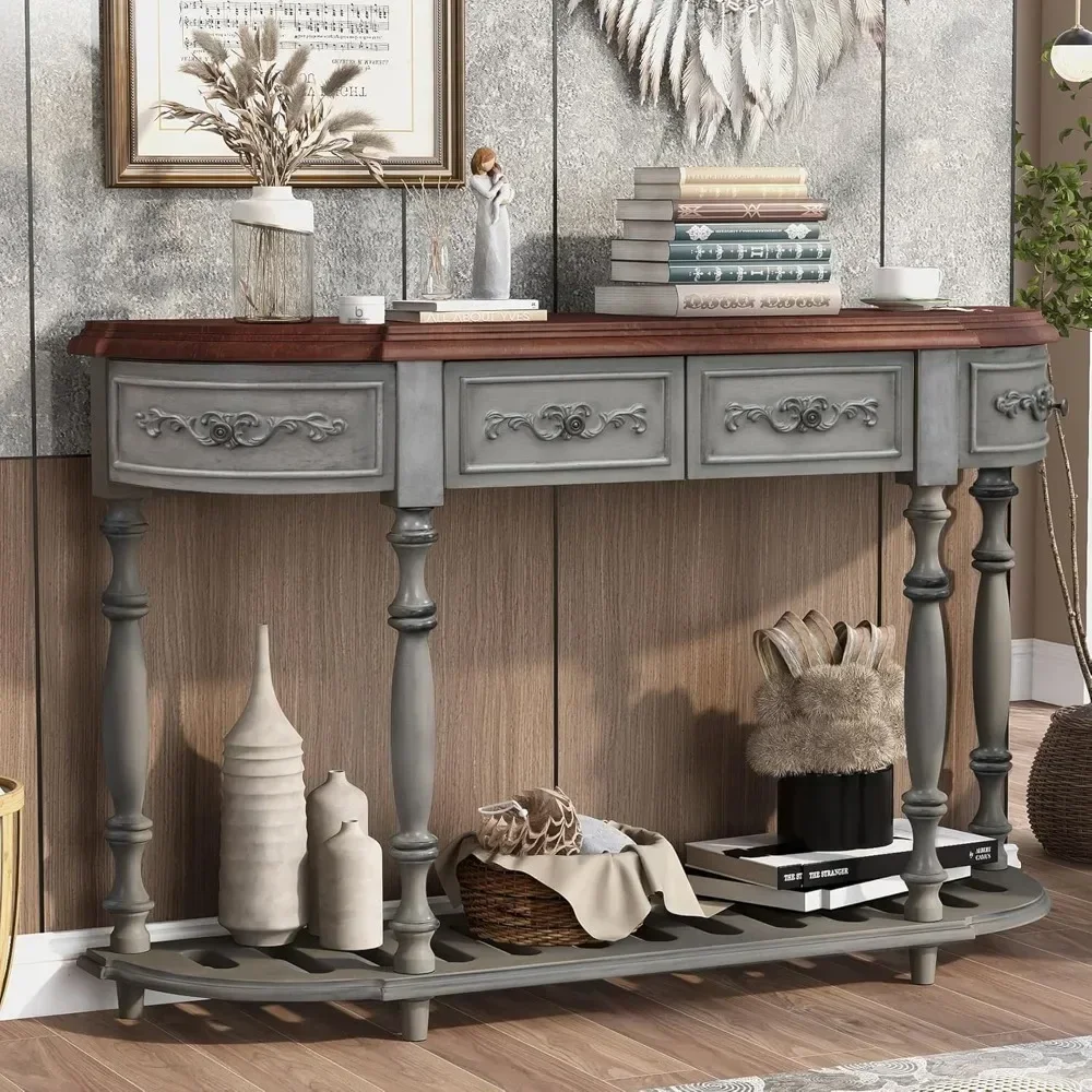 

Популярный ретро-стол из дерева с изогнутой столешницей, 52-дюймовый полукруглый консольный стол для прихожей, гостиной или зоны отдыха, с ящиками и полкой.