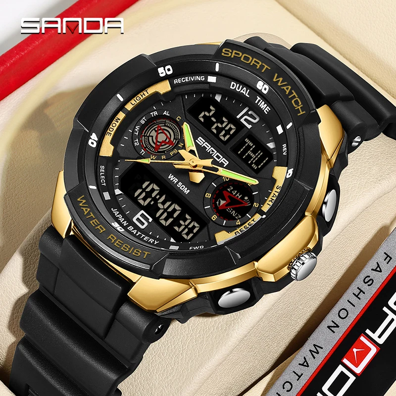 SANDA 6197 Waterproof Three Time Display Wristwatches Relogio Masculino watch Sport Men Military Digital Watches Sport Watch