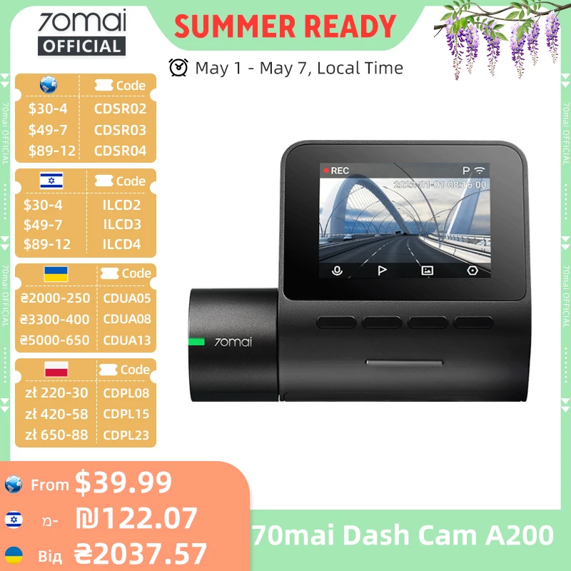 70mai Dash Cam A200 1080P 2\'\' IPS Screen Dual-channel Record 70mai Car DVR A200 24H Parking Monitor 130°FOV Night Vision