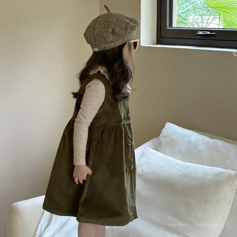 Girl Dress Autumn New Western Style Double Breasted Corduroy Sleepveless Vest Casual Comfortable