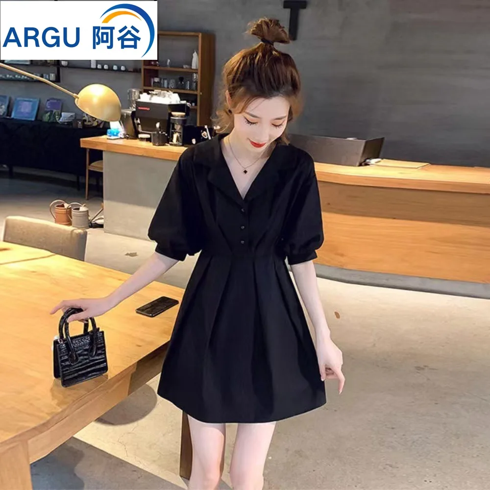 

Black Women Dress Notched Graceful Trendy French Style Ladies Short Sleeve Vestidos Simple Tunic Vintage Summer Leisure Office