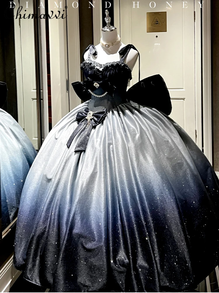 

Princess Gradually Bronzing Starry Sky Flash Birthday Anniversary Party Dress Sweet Girl Women's Fairy Big Bow Slim Maxi Dresses