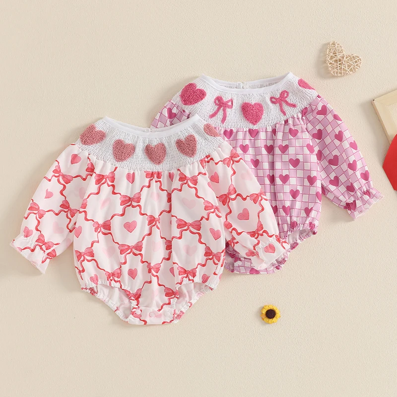 

2024-09-20 Lioraitiin Baby Girl Valentine's Day Romper Heart Print Long Sleeve Crew Neck Bubble Jumpsuit