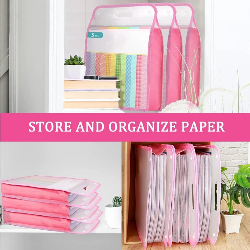 5 Pack Scrapbook Paper Organizer, Pink Expanding Paper Folio, Portable Scrapbook Paper Storage With Button Closure