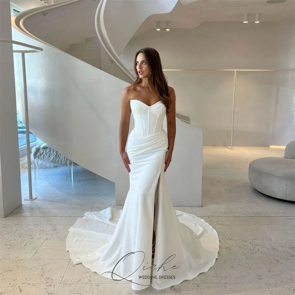 QICHE Classic Mermaid Wedding Dress For Women 2026 V-Neck Pleat High Side Slit Open Back Vestidos De Novia Sleeveless Customized