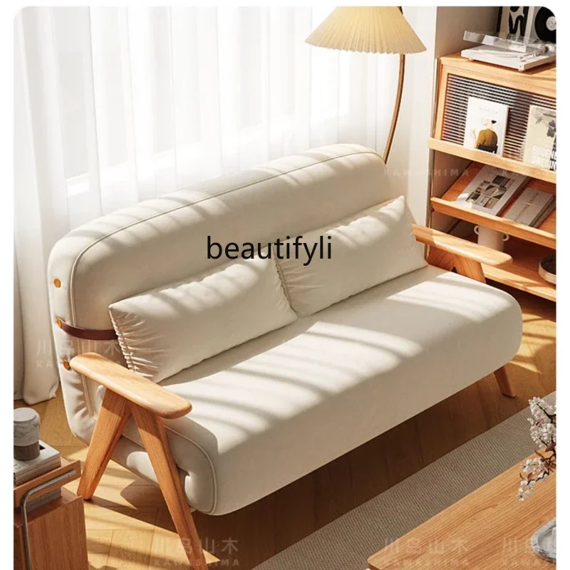 

Cherrywood Solid Wood Sofa Bed Living Room Foldable Single Japanese Multi-Functional Log Style