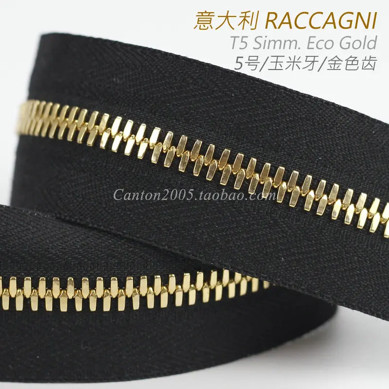 

Italy RACCAGNI No. 5, Corn Teeth Metal Zipper SIMM. T5 #072 Black Cloth Bright Gold Teeth