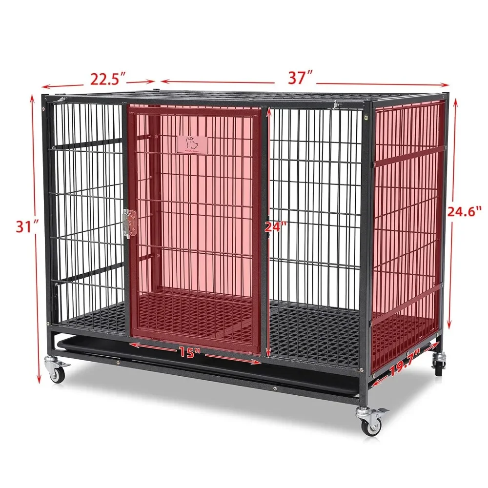 37 inch Stackable Open Top Heavy Duty Dog Crate Cage for Medium Dog with Wheels and Removable Tray