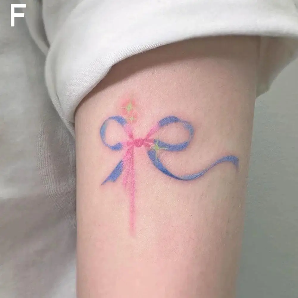 Tatuaje temporal de alta gama para mujer, arte de brazo de Bowknot rosa, tatuaje falso duradero, nuevo diseño de transferencia de agua, impermeable, C0J6