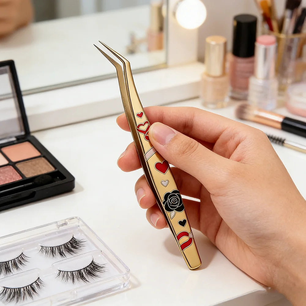 Gold Eyelash Tweezers Precision Lash Extension Tweezers with Rose Heart Print, Stainless Steel Curved/Straight Tip Lash Tweezers