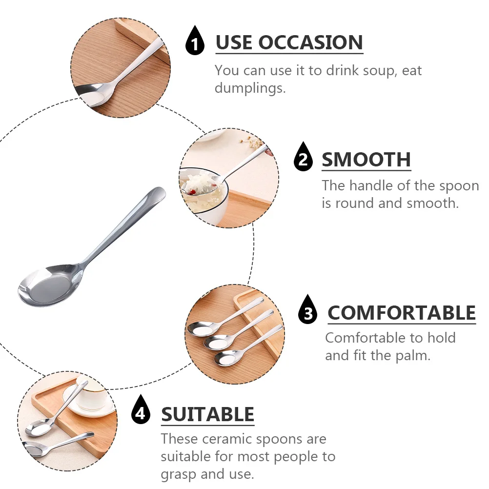 

5pcs Stainless Steel Soup Spoons Long Handle For Porridge Rice Wonton Kitchen Flatware Reusable Easy Clean Household