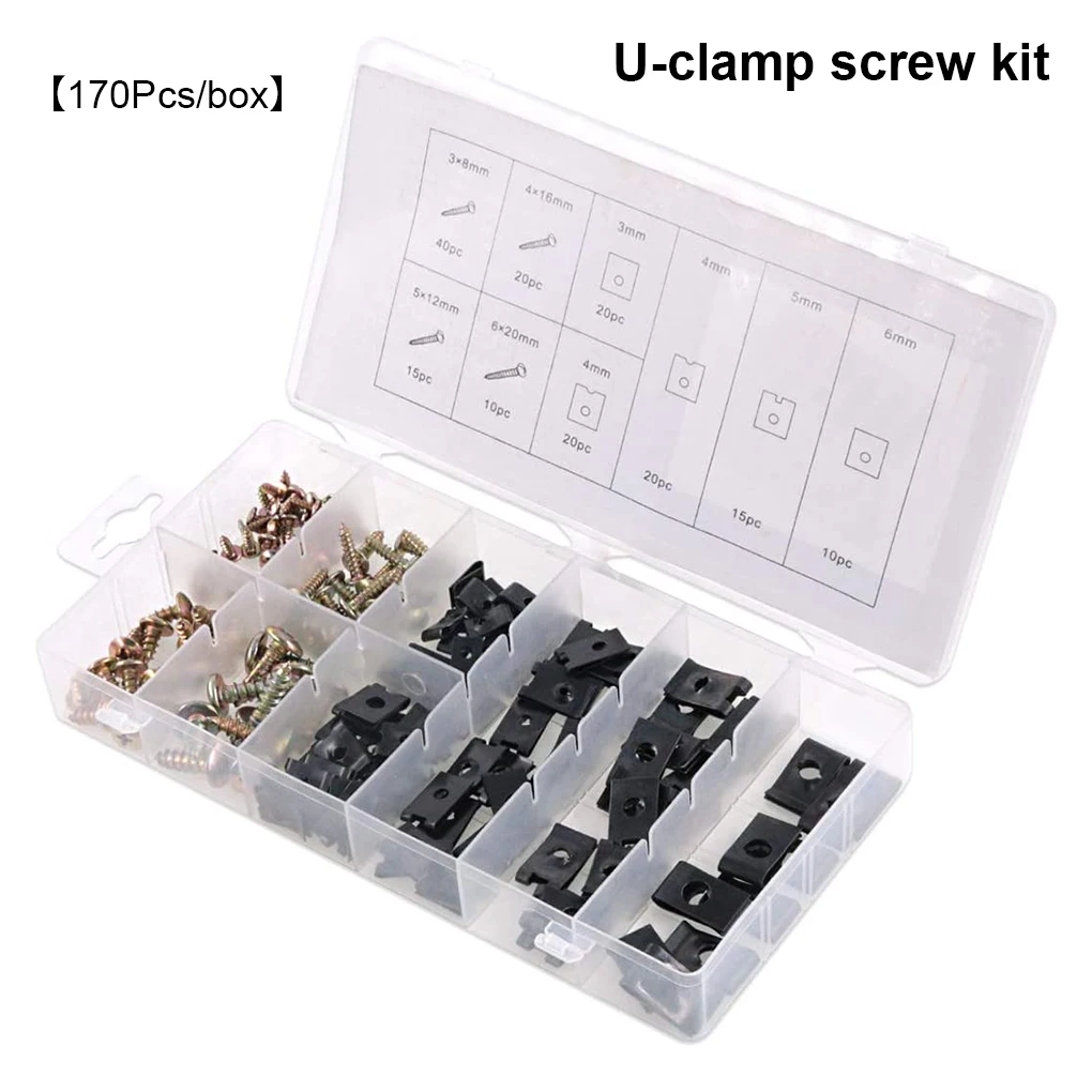 170 Pcs/Set Universal U Shaped Nut Screw Interior Dash Door Panel Fastener Assorted Kit Automotive Accessories