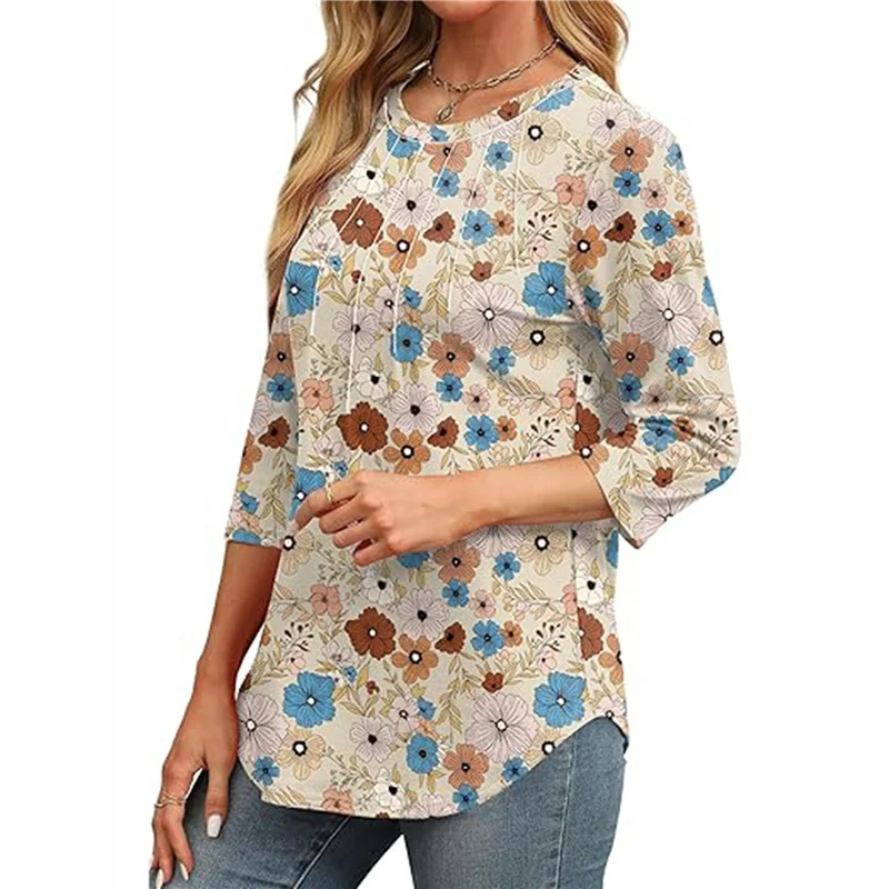 

AG-3/4 Length Sleeve Womens Tops Round Neck Casual Tunic Tops Basic Pleated Shirts Loose Fit 2025