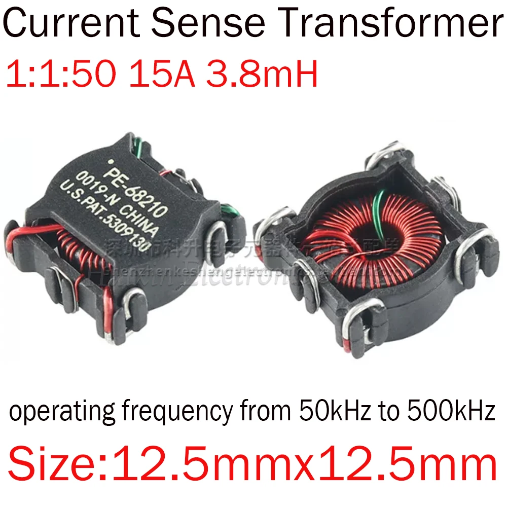 2pcs PE-68210NL PE-68210 Current Sense Transformer 1:1:50 Turns Ratio 15A Max Frequency 50kHz-500kHz 3.8mH SMD Surface Mount