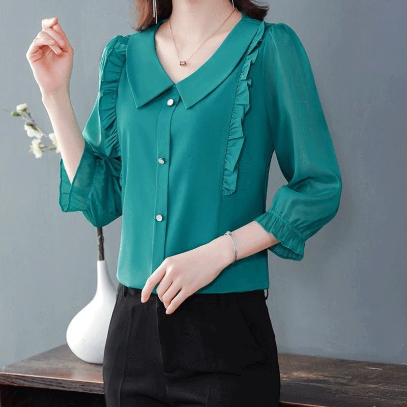 2023 Women\'s Clothing Net Yarn Sexy Patchwork Casual Korean Fashion Summer Loose Pullovers Buttons Solid Color O-neck Blouses