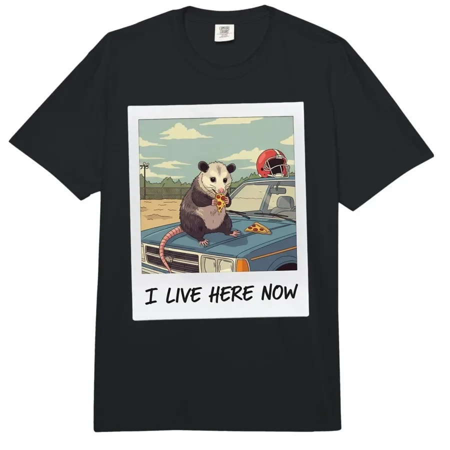

I Live Here Now Funny Opossum Pizza Football Retro T-shirt For Men Women 100% Cotton T Shirts Short Sleeve Tops 0403-1
