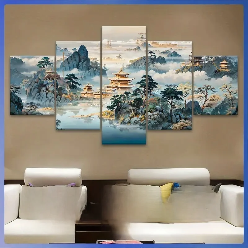 

DIY Diamond Painting 5 Panel Chinese Foggy Mountain Tree Scenery Mosaic Cross Stitch Full Square /Round 5D Diamond Embroidery