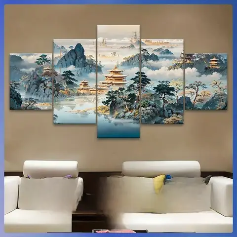 DIY Diamond Painting 5 Panel Chinese Foggy Mountain Tree Scenery Mosaic Cross Stitch Full Square /Round 5D Diamond Embroidery