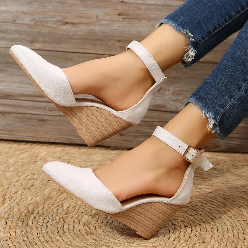 Wedges Women\'s Sandals Summer Fashion Buckle Solid Pointed Sweet Casual Office Party Wedding Shoes Plus Size 43 Ladies Sandalias