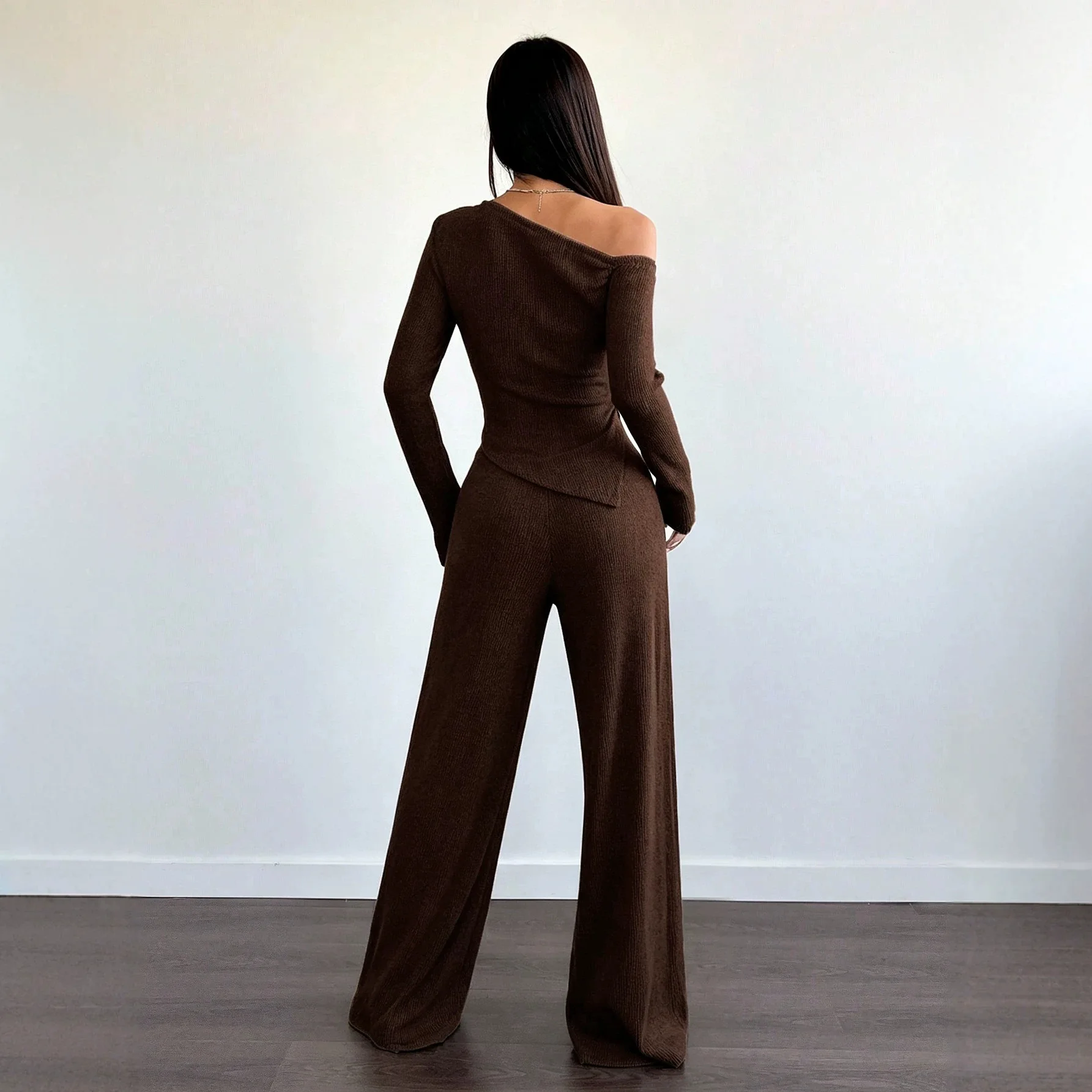 Women Asymmetric Knit Top High Waist Wide Leg Pants Set 2 Piece Autumn