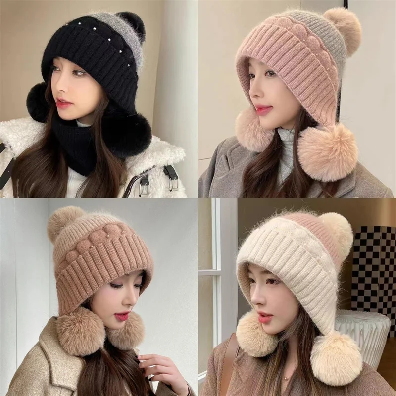 Woolen Cap Women Winter Hat Sweet Lovely Warm Cold Cap Fashion Ear Protection Padded Thickened Cold-proof Knitted Caps