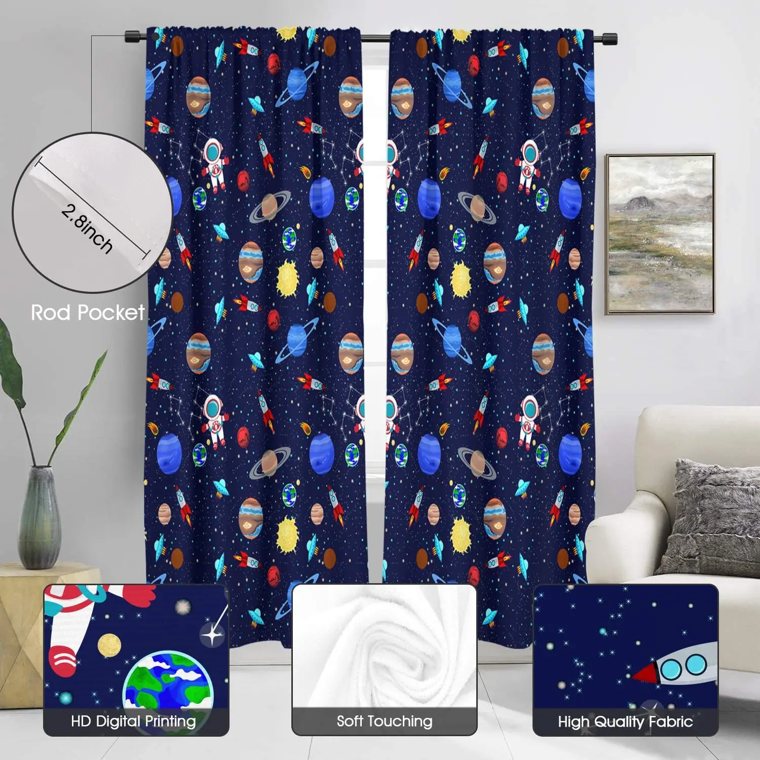 Kids Boys Window Curtain Long Galaxy Outer Space Playroom Spaceman Planets Theme Solar System Astronaut Blue Cartoon for Bedroom