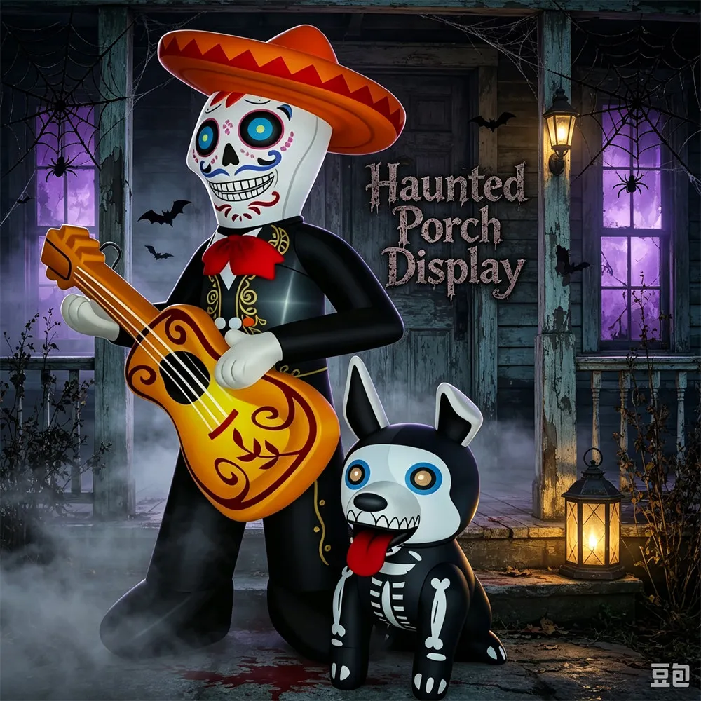 6FT/1.8M Halloween Inflatable Decorations Skeleton Musician with Guitar & Dog,LED Light for Yard Decor Outdoor Patio Lawn Party