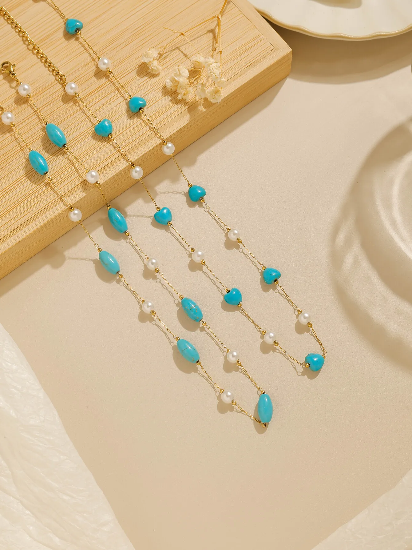 

Love Heart Oval Natural Turquoise Pearl Stainless Steel Chain Women's Gold Necklace Female Jewelry Gift Adjustable