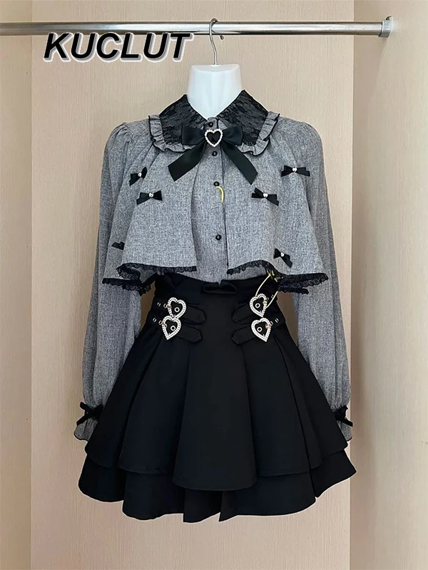 

Japanese Style Autumn Suit Mass-Produced New Cute Sweet Cape Shawl Bow Heart Patchwork Shirt and Short Skirt Set for Women