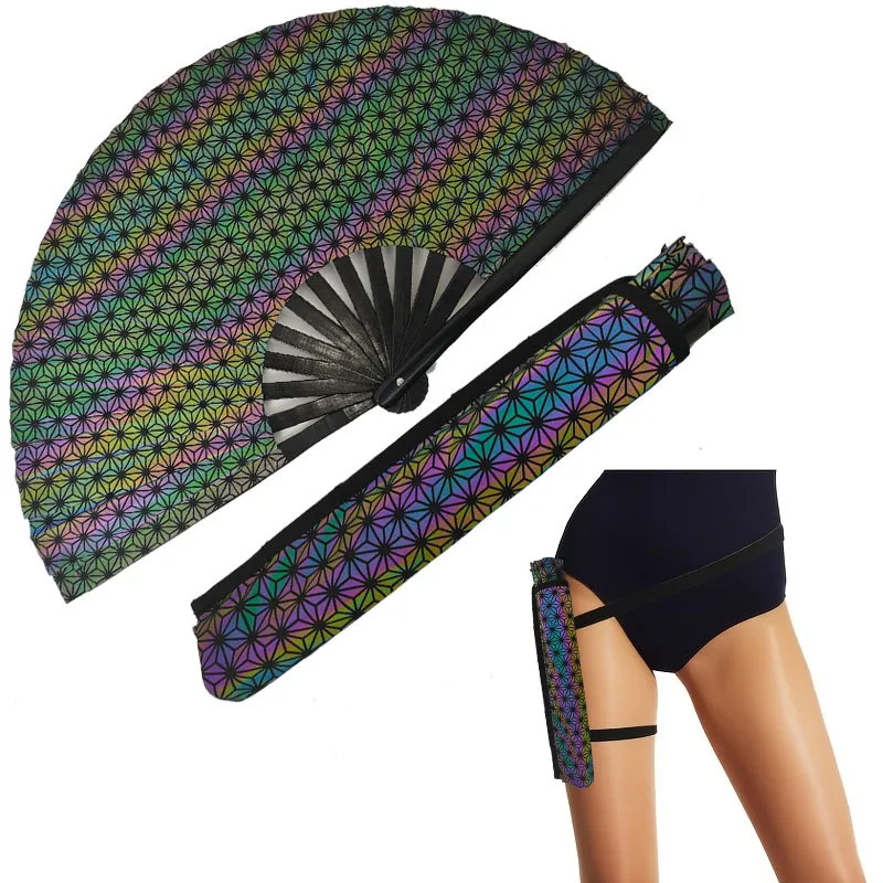 Edgy Spider Print Sparkling Glitter Rave Folding Fan - Large Laser Rainbow Handheld Fan with Holster for Statement-Making Festiv