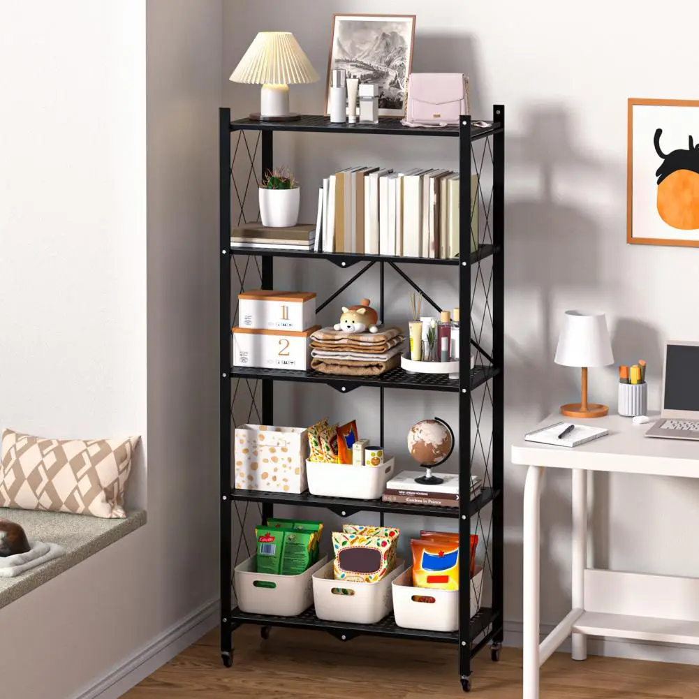 5 Tiers Foldable Storage Shelves, Expandable Folding Bookshelf with Wheels, Collapsible Adjustable Storage Rack Metal Shelves