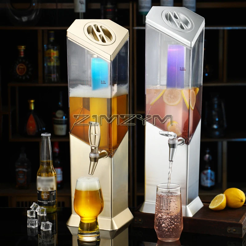 Beverage Dispenser 3L, Beer Dispenser with Ice Tube and LED Light, Tabletop Drink Tower Dispenser for Beer, Margarita, Liquor