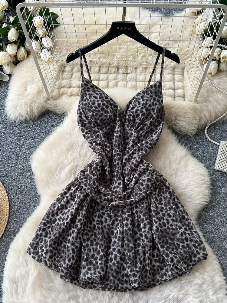 

Women's Grey Leopard Print Mini Dress Sexy Backless Dress Luxury Vintage Elegant Sleeveless Birthday Party A-line Dress Summer