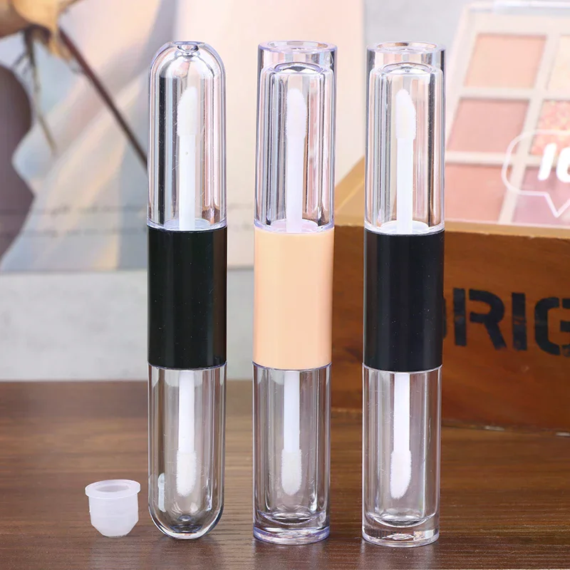 หลอดลิปกลอสแบบเติมได้ 2-in-1 ทรงรีแบน พร้อมหัวแปรง ป้องกันการรั่วซึม บรรจุภัณฑ์พลาสติกสำหรับเดินทาง 1 ชิ้น