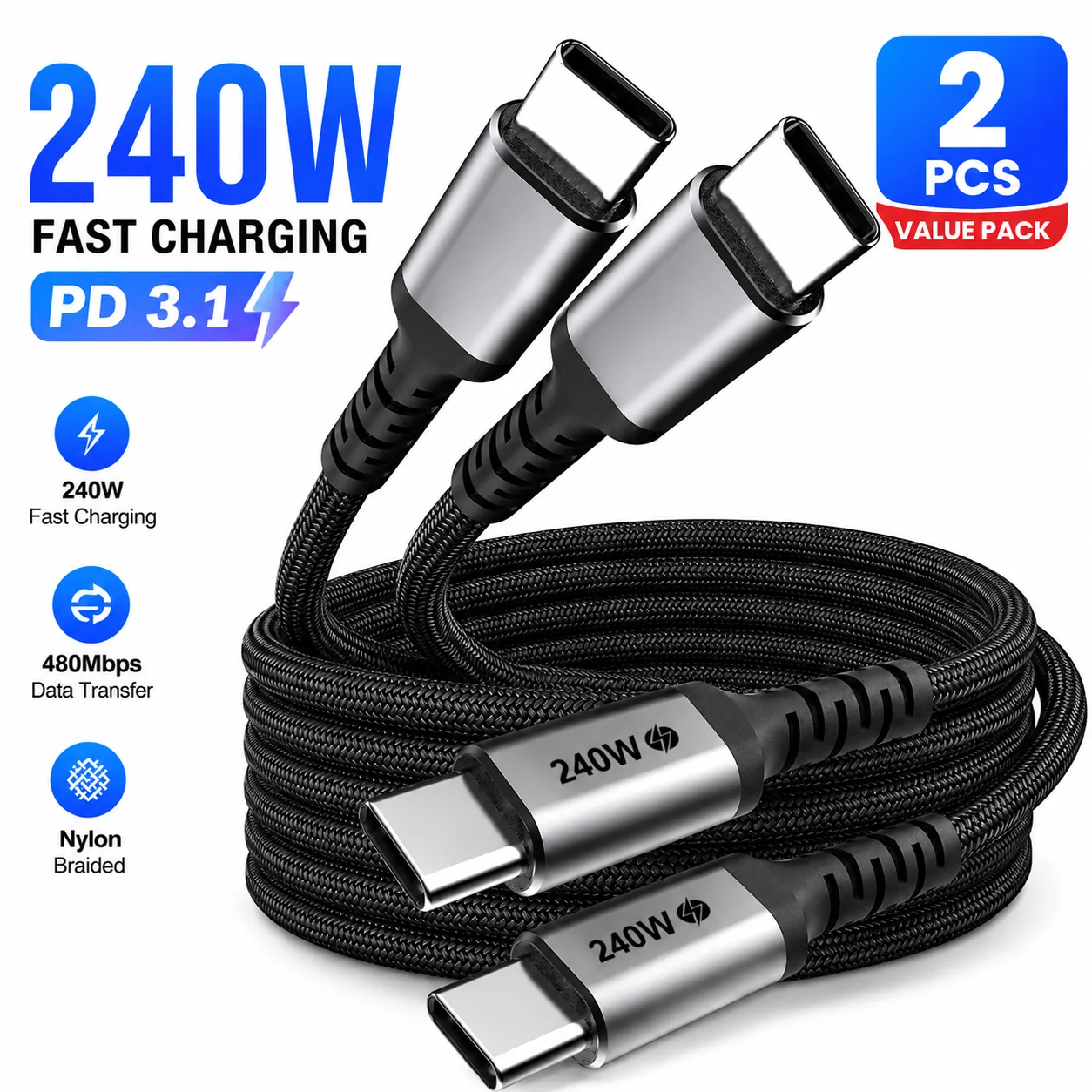 2 Cavi USB C Intrecciati Neri da 240W, Cavo di Ricarica Rapida PD3.1 per iPhone 17, MacBook, Samsung, Huawei, Xiaomi, Laptop